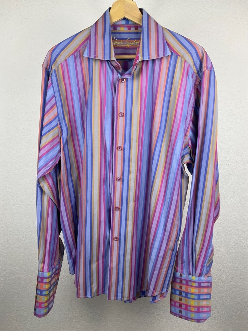 Robert Graham Mens L Multicolor Striped Flip Cuff Long Sleeve Button Up Shirt
